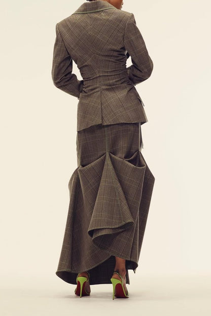 Plaid Fitted Jacket and Flared Skirt Set