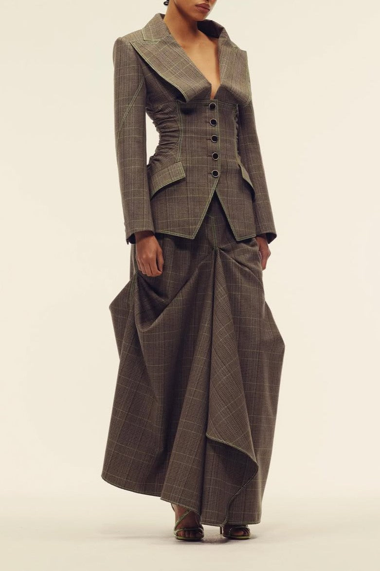Plaid Fitted Jacket and Flared Skirt Set