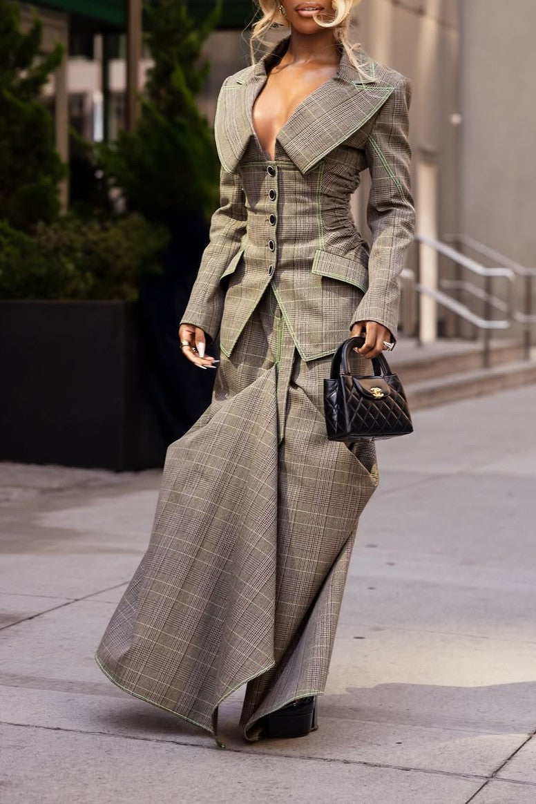 Plaid Fitted Jacket and Flared Skirt Set