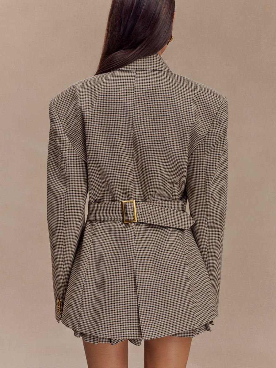 Tan Plaid Slim-fit Blazer Jacket & Skirt Sets
