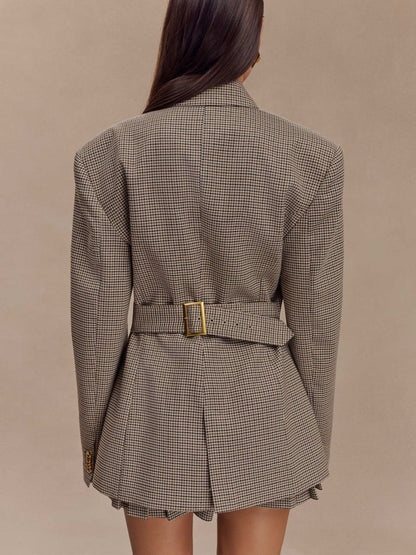 Tan Plaid Slim-fit Blazer Jacket & Skirt Sets