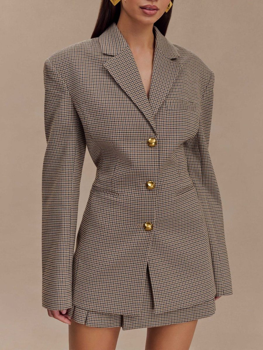 Tan Plaid Slim-fit Blazer Jacket & Skirt Sets