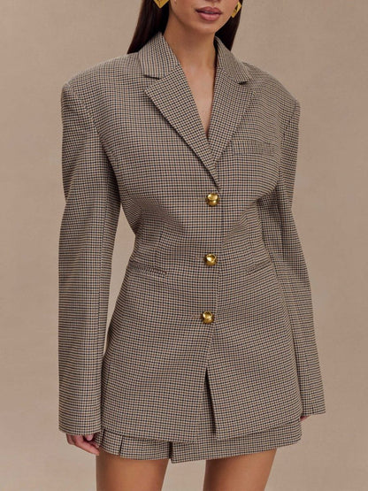 Tan Plaid Slim-fit Blazer Jacket & Skirt Sets