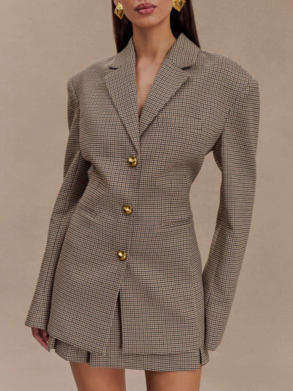 Tan Plaid Slim-fit Blazer Jacket & Skirt Sets