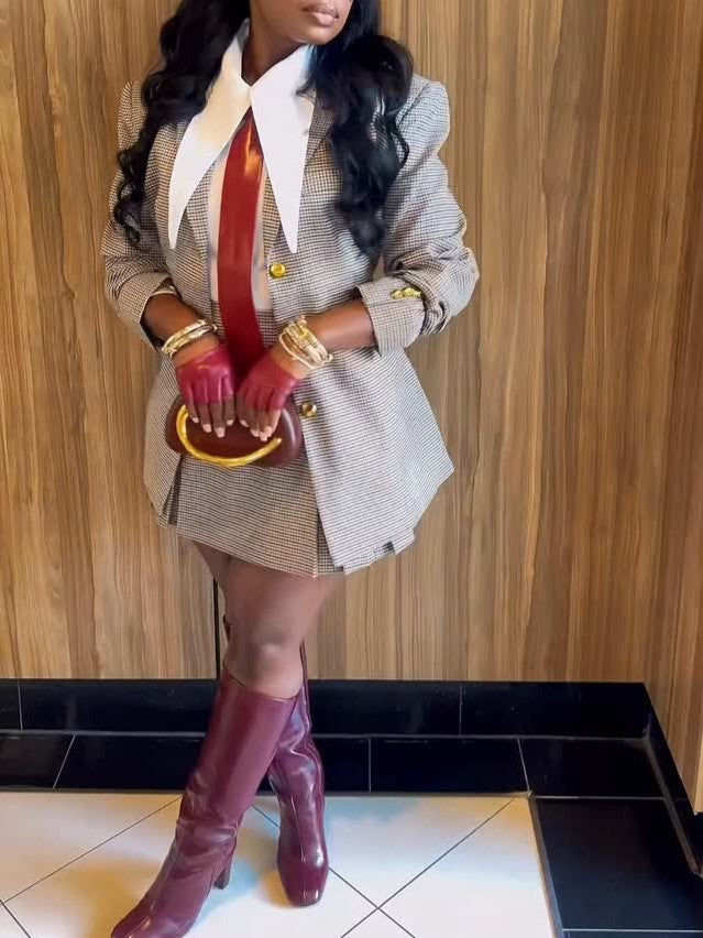 Tan Plaid Slim-fit Blazer Jacket & Skirt Sets