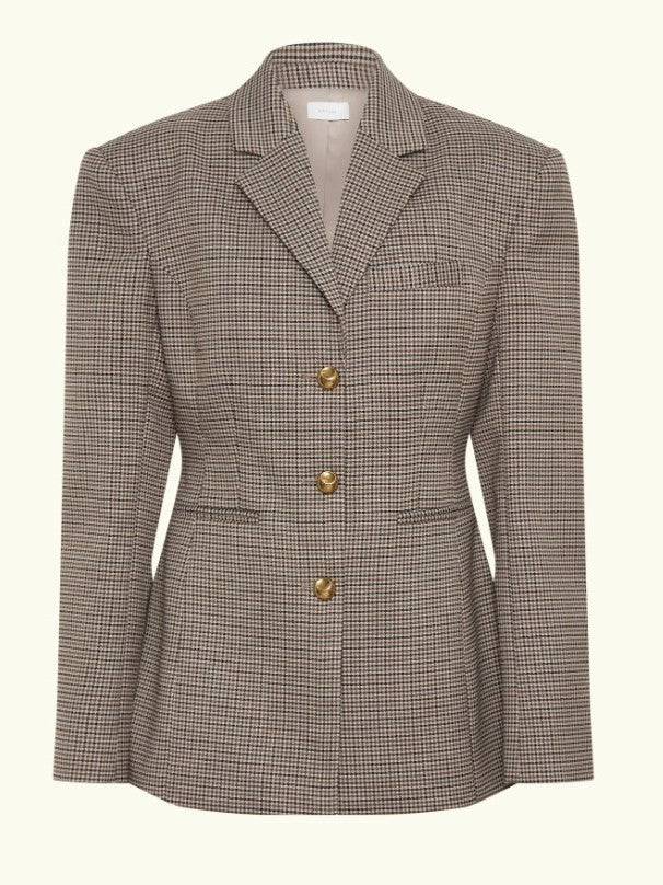 Tan Plaid Slim-fit Blazer Jacket & Skirt Sets