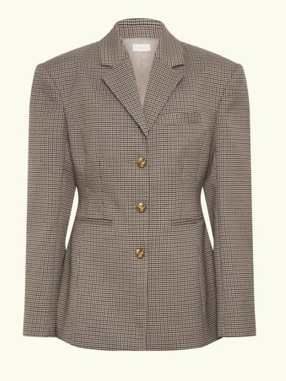 Tan Plaid Slim-fit Blazer Jacket & Skirt Sets