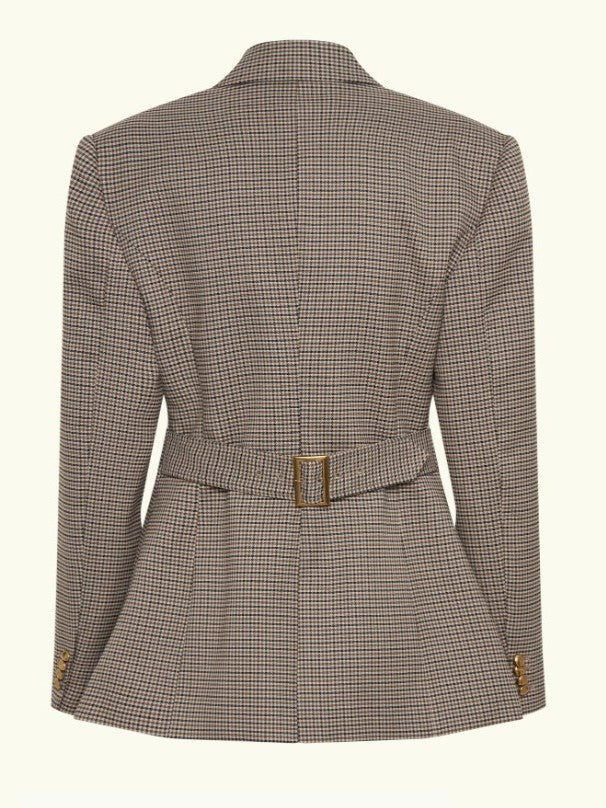Tan Plaid Slim-fit Blazer Jacket & Skirt Sets