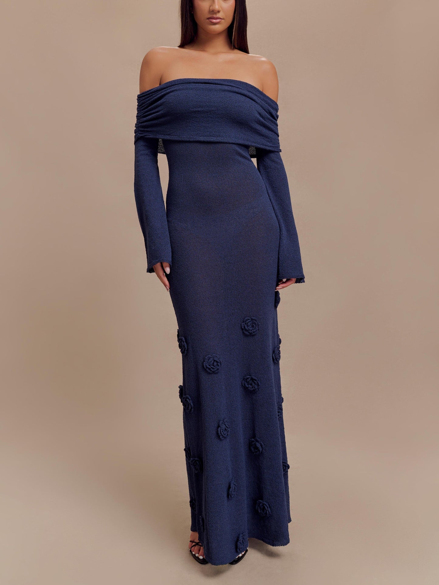 Knitted Rose Detail Off-shoulder Maxi Dress