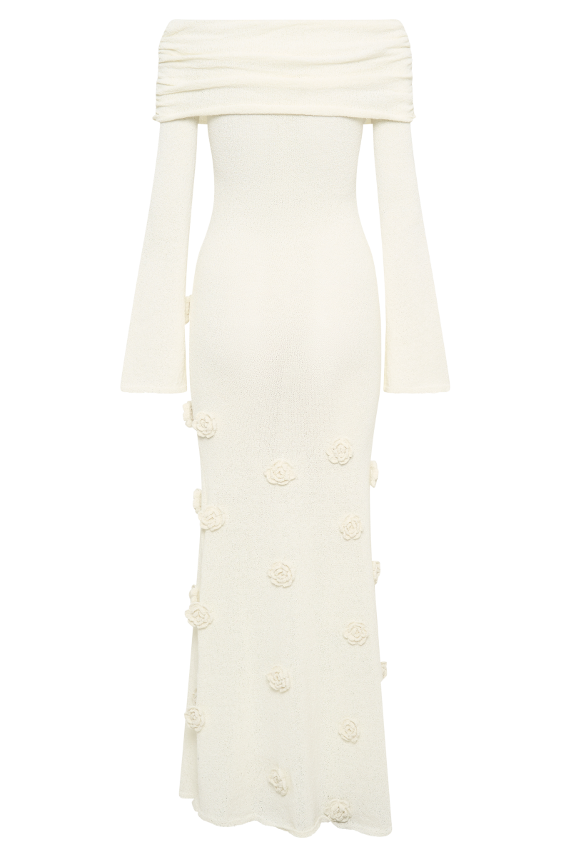Knitted Rose Detail Off-shoulder Maxi Dress