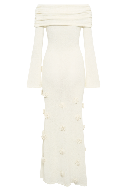 Knitted Rose Detail Off-shoulder Maxi Dress
