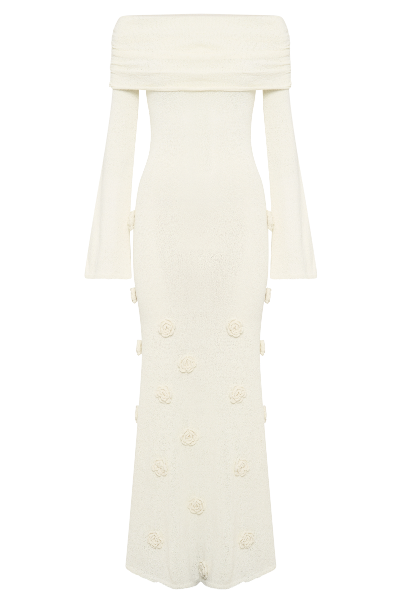 Knitted Rose Detail Off-shoulder Maxi Dress