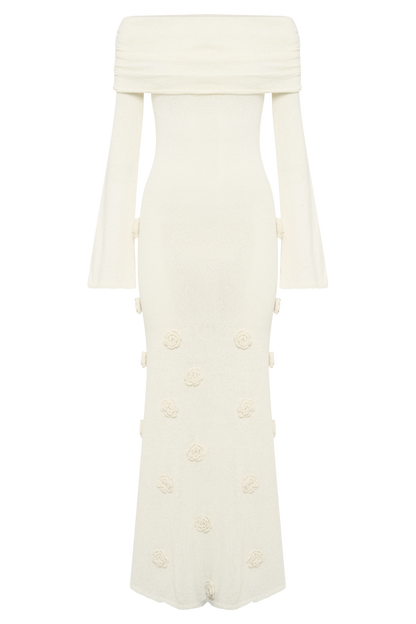 Knitted Rose Detail Off-shoulder Maxi Dress
