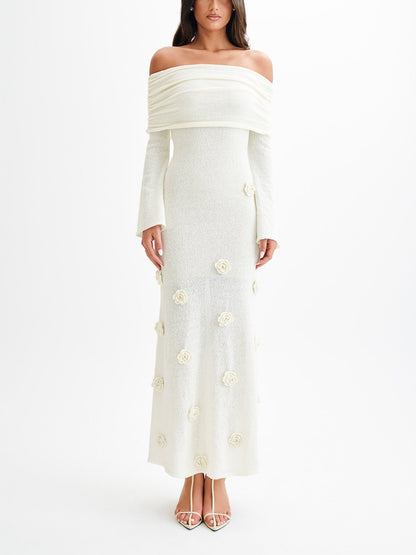 Knitted Rose Detail Off-shoulder Maxi Dress