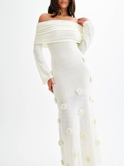 Knitted Rose Detail Off-shoulder Maxi Dress