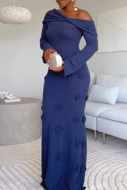Knitted Rose Detail Off-shoulder Maxi Dress