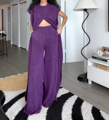 Knitted Slit Top + High-waisted Straight-leg Pants