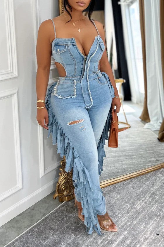 Denim Jumpsuit with Fringe Details