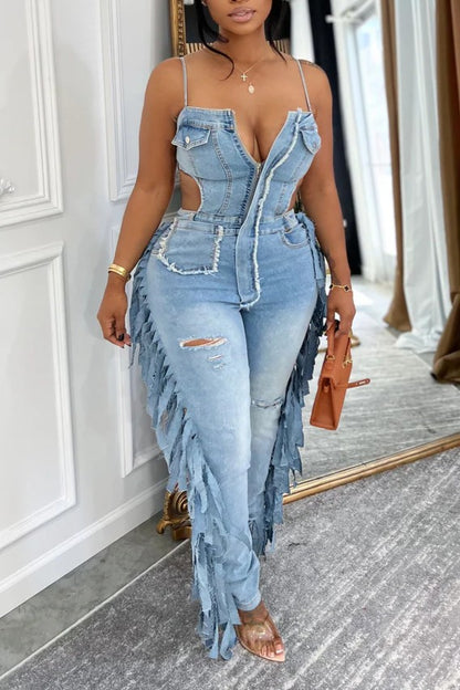 Denim Jumpsuit with Fringe Details