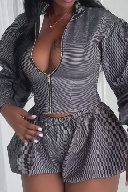 Puff-sleeved Jacket and Shorts Two-piece Set