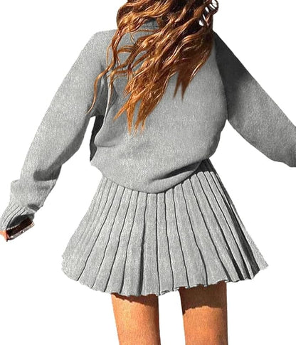 Turtleneck Pullover Sweaters and Pleated Mini Skirt 2PC Set