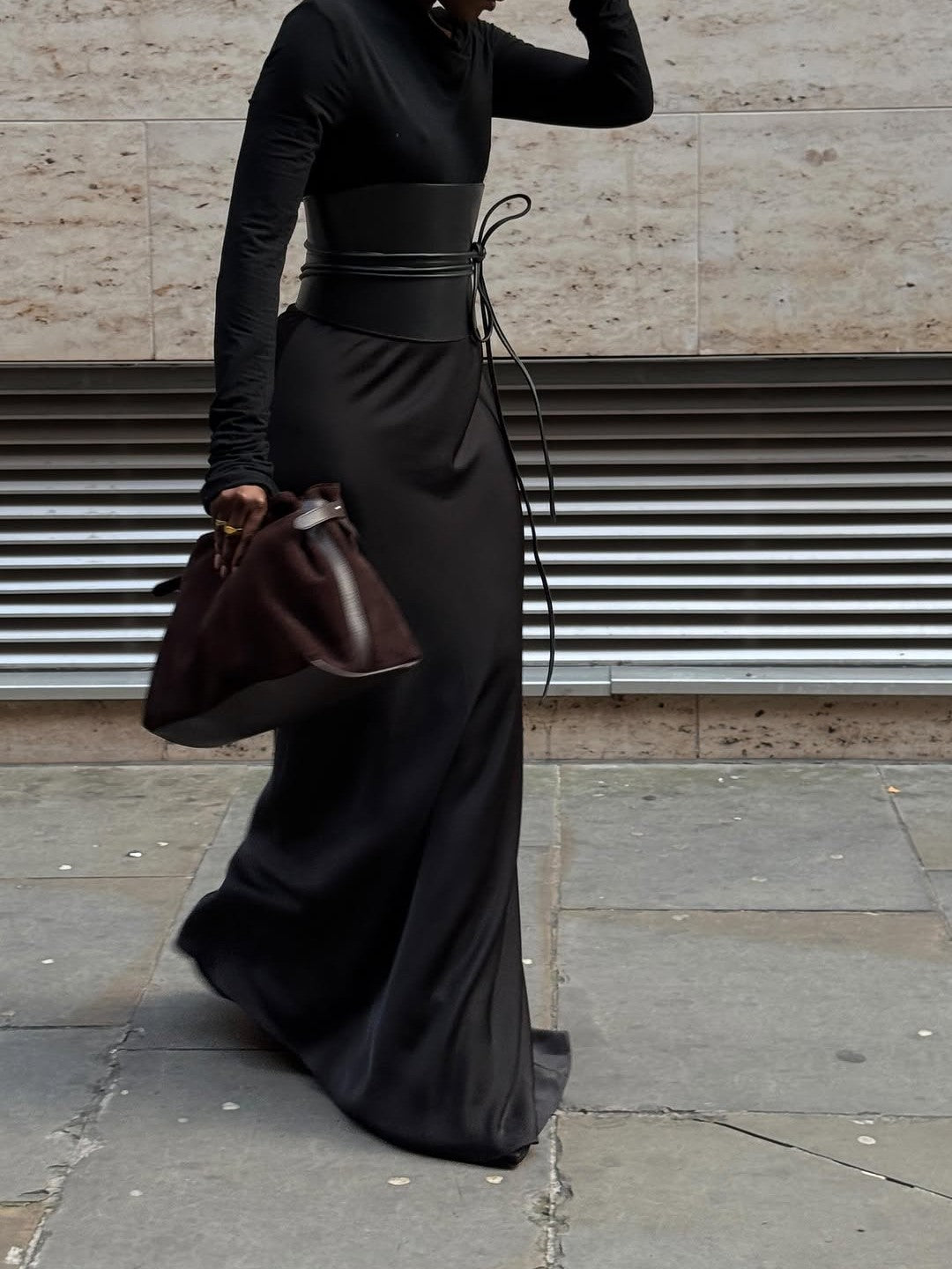 High Waist Satin Maxi Length Skirt (With Belt)