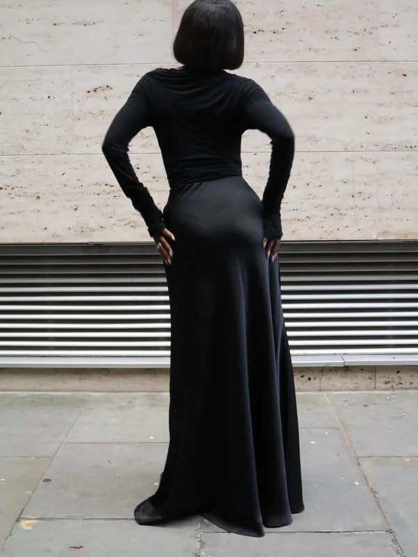 High Waist Satin Maxi Length Skirt (With Belt)