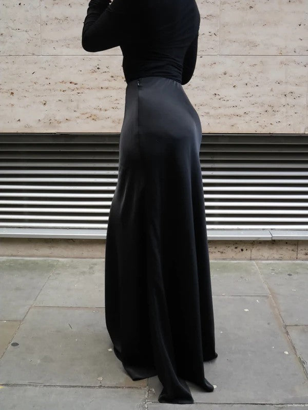 High Waist Satin Maxi Length Skirt (With Belt)