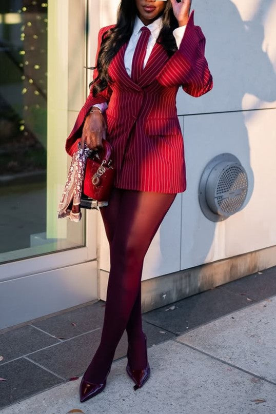 Elegant Burgundy Striped Blazer Dress
