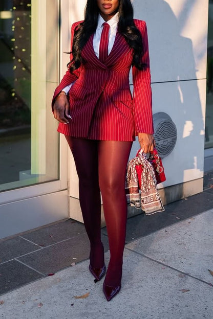 Elegant Burgundy Striped Blazer Dress
