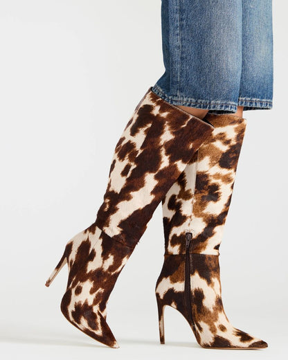 Women's Cow Print Knee-high Leather Boots