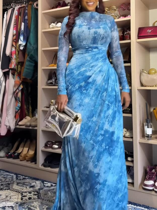 Blue Watercolor Tulle Maxi Dress