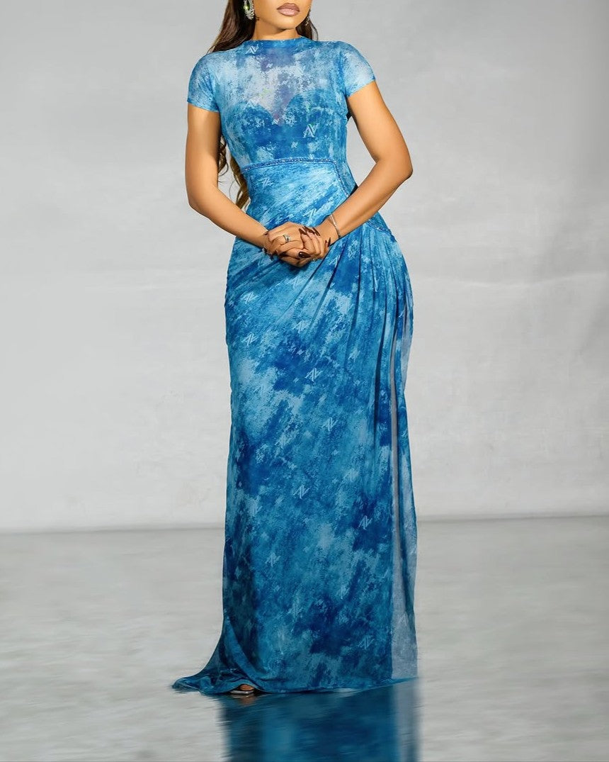 Blue Watercolor Tulle Maxi Dress