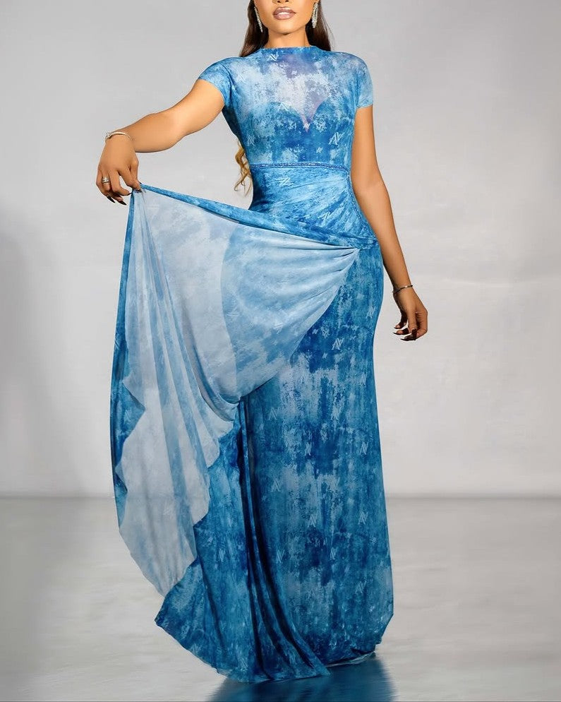 Blue Watercolor Tulle Maxi Dress