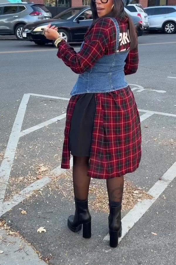 Denim Overalls and Plaid Long Shirt Suit