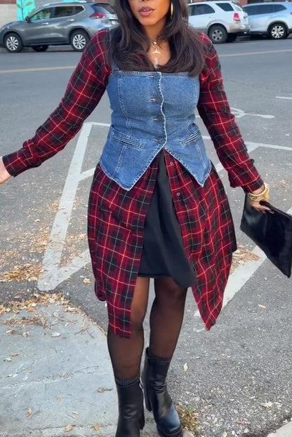 Denim Overalls and Plaid Long Shirt Suit