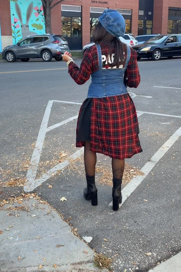 Denim Overalls and Plaid Long Shirt Suit