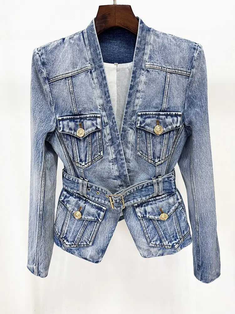 Slim-fit Denim Blazer with Gold Buttons