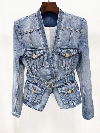 Slim-fit Denim Blazer with Gold Buttons