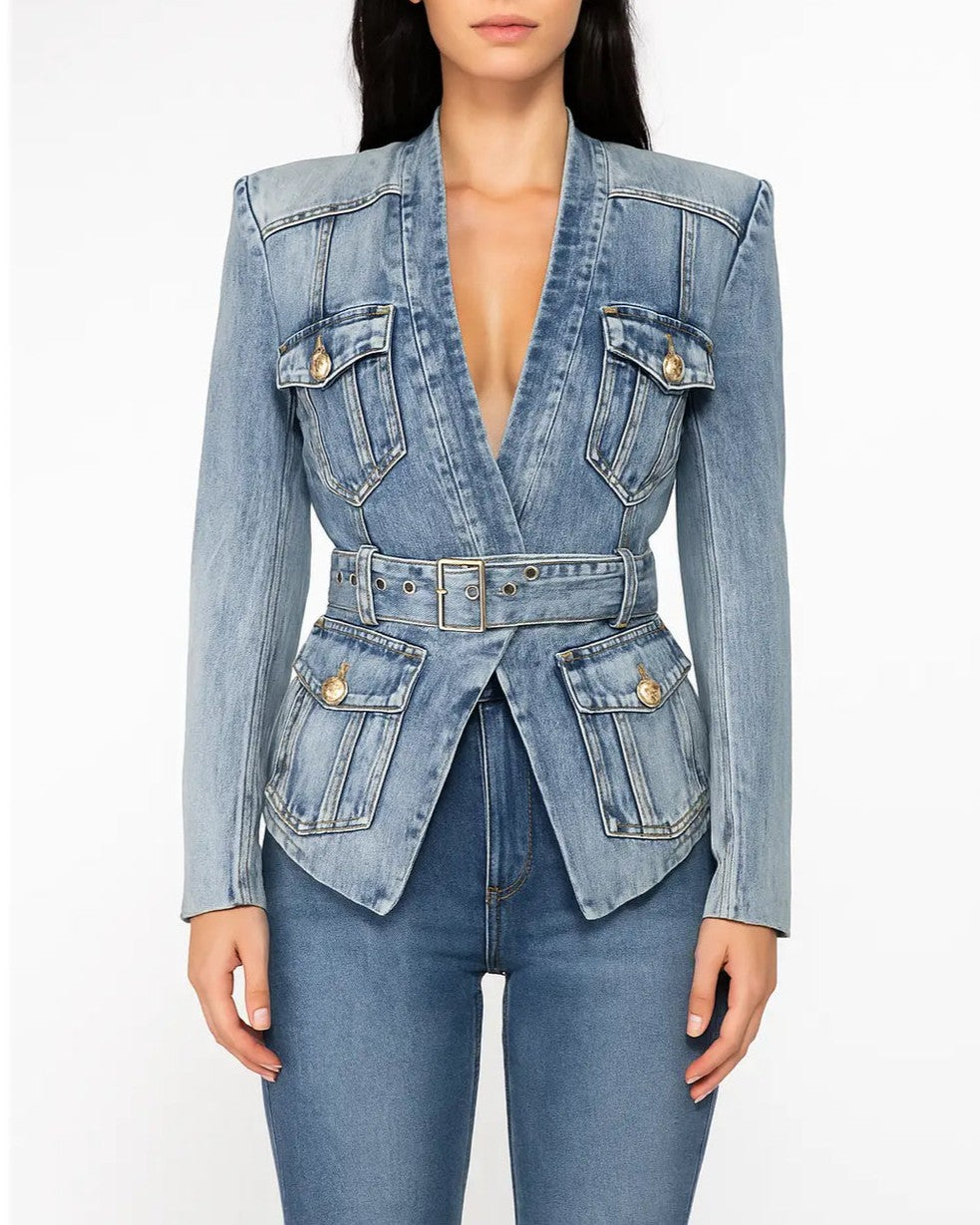 Slim-fit Denim Blazer with Gold Buttons