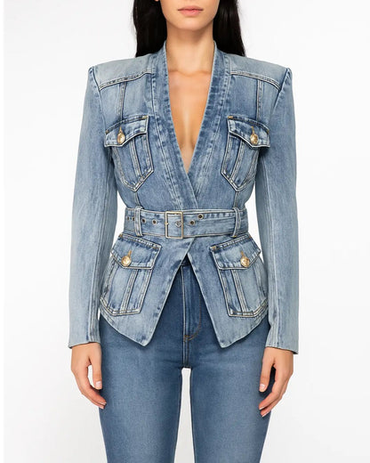 Slim-fit Denim Blazer with Gold Buttons