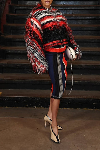 Striped Knit Sweater and Fitted Skirt Set