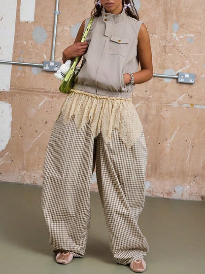 Plaid High-waisted Wide-leg Pants