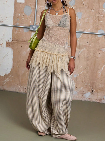 Plaid High-waisted Wide-leg Pants