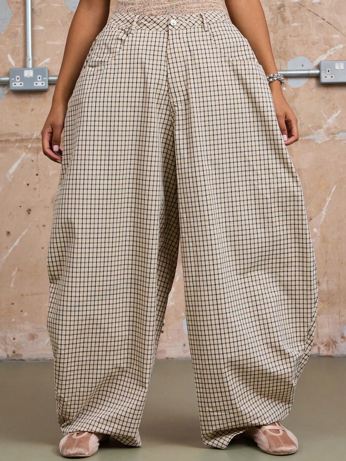Plaid High-waisted Wide-leg Pants