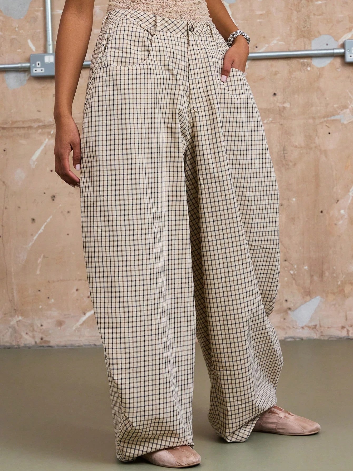 Plaid High-waisted Wide-leg Pants