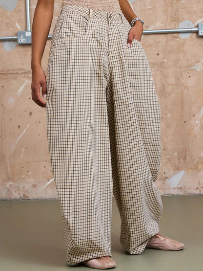 Plaid High-waisted Wide-leg Pants