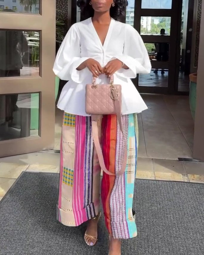 Classic Patterned Linen Wide-leg Trousers