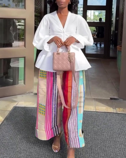 Classic Patterned Linen Wide-leg Trousers