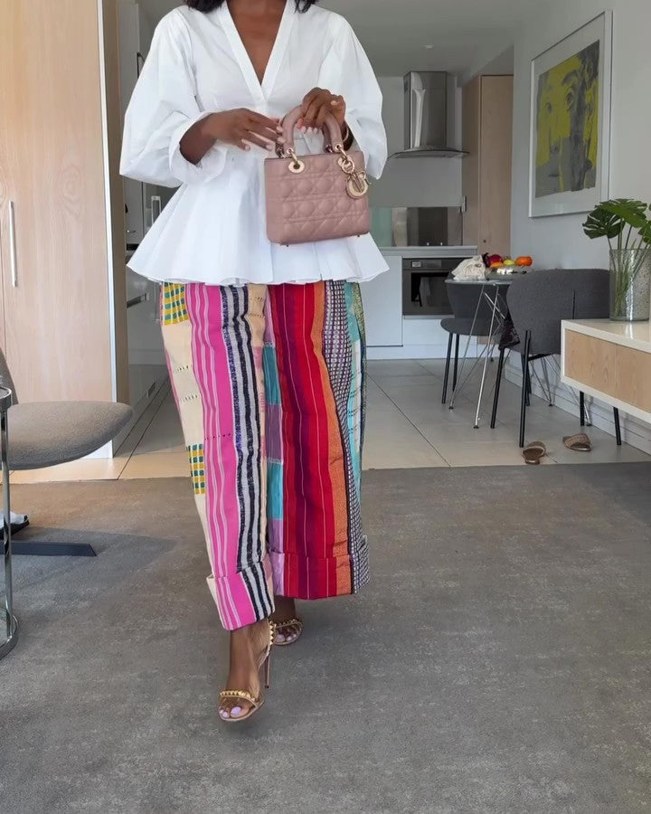 Classic Patterned Linen Wide-leg Trousers